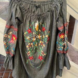 Embroidered Charcoal Peasant Dress with Floral Detail